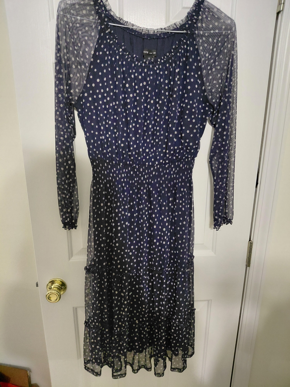 Long Sleeve Navy Polka Dot Midi Dress